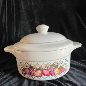 1984 Treasure Craft Pottery covered casserole decorated with fruit